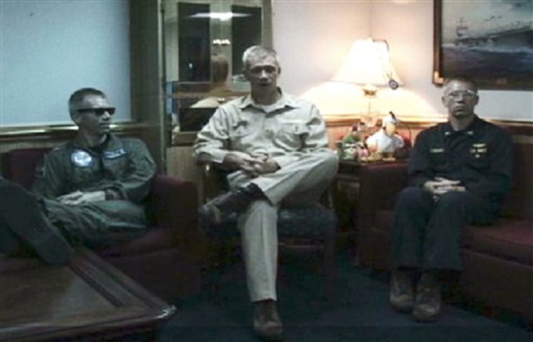 U.S. Navy Capt. Owen Honors, portraying various Navy personnel, is shown three times in one frame of a profanity-laced comedy sketch that was digitally altered by members in the U.S. Navy and broadcast on the USS Enterprise via closed-circuit television.